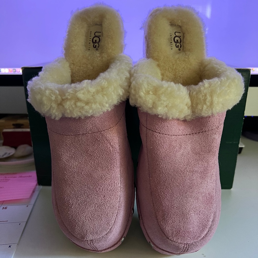 Ugg Mules size 11 Suede Kalie Pink Shearling Wood Women's NEW